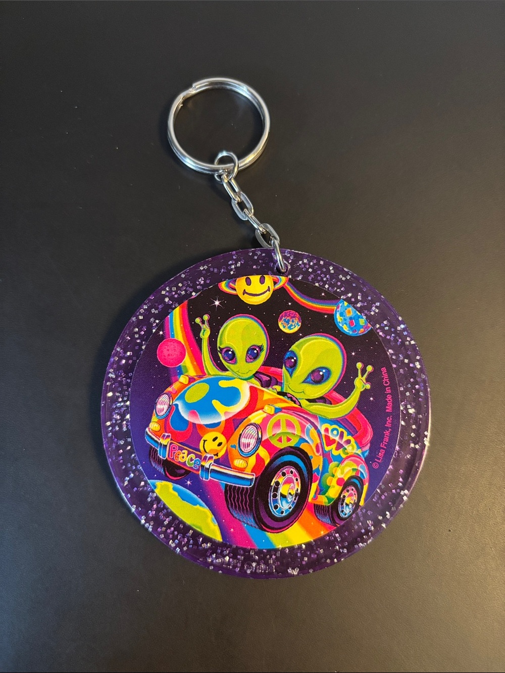 Lisa Frank Purple Round Alien Car Keychain with Neon Rainbow Art